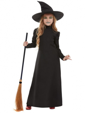 Wicked Witch Girl Kostuum voo meiden, bestaande uit de zwarte jurk met hoed. Maak de look compleet met witte pruik, schmink en panty en je bent klaar voor Halloween.