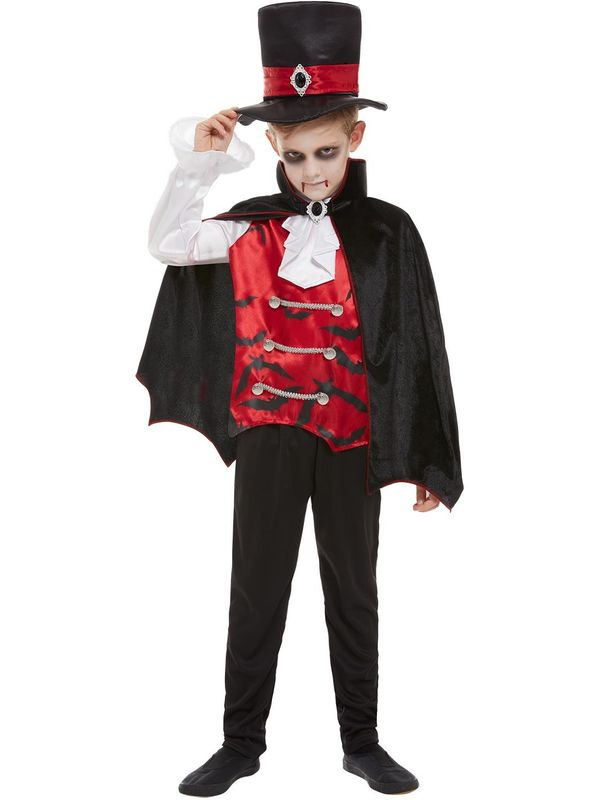 Vampire Kostuum voor kinderen, bestaande uit de top met cape en hoed. Maak de look compleet met onze Vampire Schmink en nepbloed en je bent klaar voor Halloween. Bekijk hier onze gehele Vampier Collectie voor jong en oud.