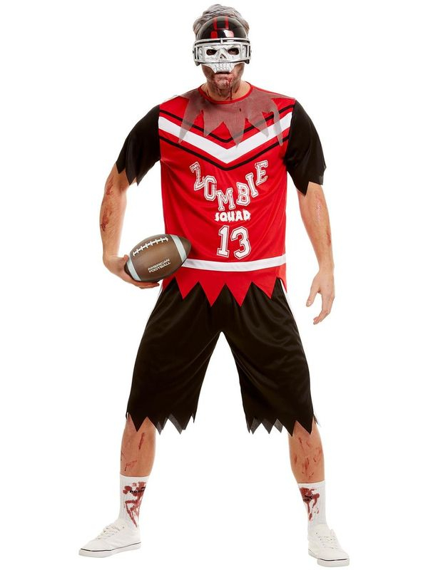 Zombie Footballer Kostuum, bestaande uit de rode top met broek en masker. Maak de look compleet met bloodspray en je bent klaar om jouw Halloween feest binnen te stormen. Leuk te combineren met onze Zombie Cheerleader Kostuum.