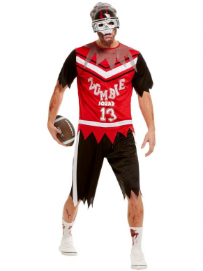 Zombie Footballer Kostuum, bestaande uit de rode top met broek en masker. Maak de look compleet met bloodspray en je bent klaar om jouw Halloween feest binnen te stormen. Leuk te combineren met onze Zombie Cheerleader Kostuum.