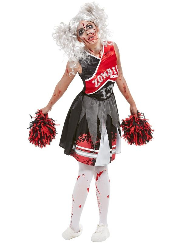 Moedig de Zombie Footballers aan in dit geweldige Cheerleader Zombie Kostuum, bestaande uit het jurkje met pom poms. Maak de look af met een bijpassende pruik en schmink.