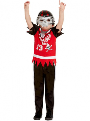 Zombie Football Player Kostuum voor kinderen, bestaande uit de rode top met broek en masker. Maak de look compleet met wat nepbloed en je bent klaar voor Halloween. Ook verkrijgbaar in heren maten en leuk te combineren met onze Zombie Cheerleader Kostuums voor zowel meisjes als dames.