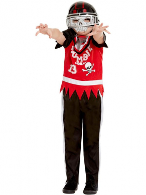 Zombie Football Player Kostuum voor kinderen, bestaande uit de rode top met broek en masker. Maak de look compleet met wat nepbloed en je bent klaar voor Halloween. Ook verkrijgbaar in heren maten en leuk te combineren met onze Zombie Cheerleader Kostuums voor zowel meisjes als dames.