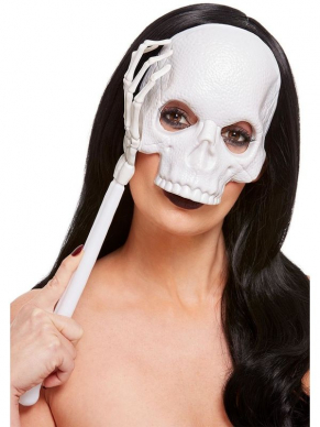 Handheld Skull Masker, wit pvc. Leuk voor een Halloween of Thema feestje.
