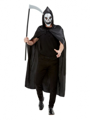 Verander in een handomdraai in een echt Grim Reaper met deze handige Grim Reaper Kit, bestaande uit de zwarte cape met masker zeis, 100cm.