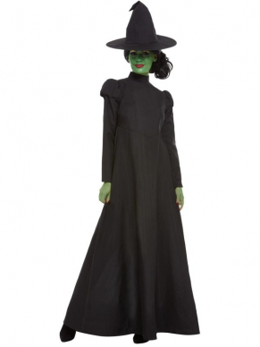  Wicked Witch Kostuum, bestaande uit de lange zwarte Heksenjurk met hoed. Maak de look compleet met onze groene schmink. pruik en nagels en je bent klaar voor Halloween.