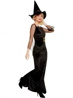 Glam Witch Kostuum, bestaande uit de zwarte Heksenjurk met hoed. Maak de look compleet met bijpassende accessoires zoals pruik, heksenneus, bezemsteel, heksenketel en nog veel meer.