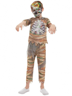  Zombie Mummy Kostuums voor kinderen, bestaande uit de top met broek en masker. Met dit kostuum ben je in één keer klaar voor Halloween.