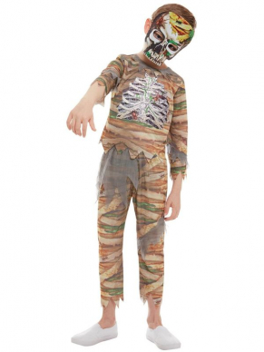  Zombie Mummy Kostuums voor kinderen, bestaande uit de top met broek en masker. Met dit kostuum ben je in één keer klaar voor Halloween.