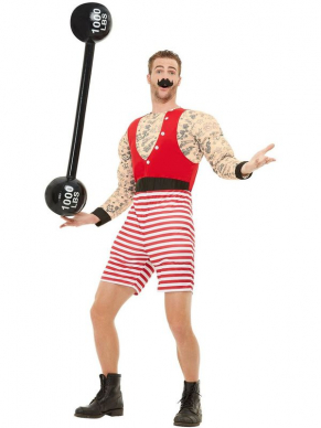  Deluxe Strongman Kostuum, bestaande uit de Short Jumpsuit en snor. Maak de look compleet met onze Inflatable Dumbbels. Ook verkrijgbaar in kindermaten.