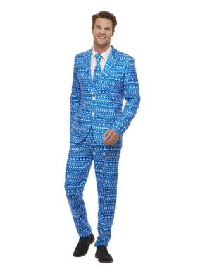 Wrapping Paper Pak Kostuum, bestaande uit het blauwe jasje met broek en stropdas met all-over inpakpapier print. Leuk voor een fout feestje tijdens de feestdagen. Bekijk hier al onze Herenpakken.