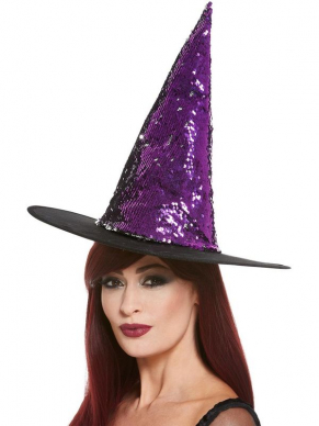 Maak jouw Heksen Look compleet met deze geweldige paarse Reversible Sequin Witch Hat, het leuke aan deze hoed is dat je de hoed van kleur kunt veranderen door de all-over lovertjes. (zwarte/paars)