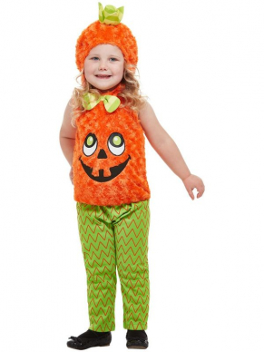 Voor de allerkleinste dit geweldige Toddler Pumpkin Kostuum voor Halloween, bestaande uit het oranje hooded bovenstuk en groene broek.