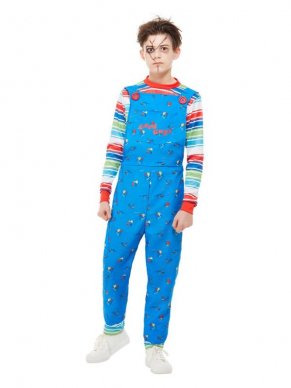 Jaag iedereen de stuipen op het lijf met dit enge Chucky Kostuum voor jongens, bestaande uit het blauwe tuinpak met gestreepte top. Maak de look compleet met onze Chucky Kit. Wij verkopen het Chucky Kostuum voor het gehele gezin.