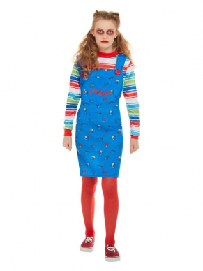 Jaag iedereen de stuipen op het lijf met dit enge Chucky Kostuum voor meisjes, bestaande uit het blauwe tuinjurkje en gestreepte shirt. Maak de look compleet met onze Chucky Make-Up Kit. Wij verkopen het Chucky kostuum voor het gehele gezin.