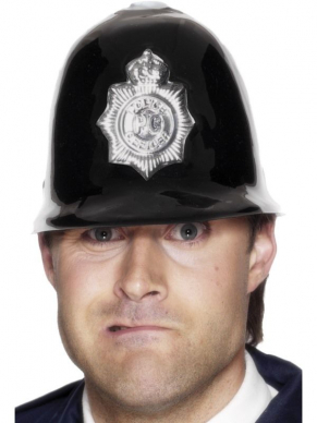 Maak jouw Look compleet met deze plastic zwarte Police Helmet met badge.