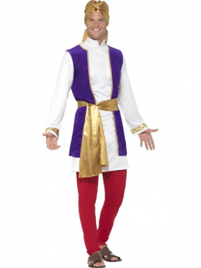  Arabian Prince Kostuum,  bestaande uit de top, gilet, broek, riem en tulband om het geheel af te maken.Te gek voor een feestje met een Oosterse sfeer.