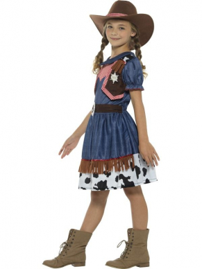  Texan Cowgirl Kostuum voor meiden, bestaande uit het jurkje met aangehecht giletje en hoed. Combineer dit kostuum met een paar stoere laarsjes en haren in vlechtjes en je bent klaar voor welk feestje dan ook.