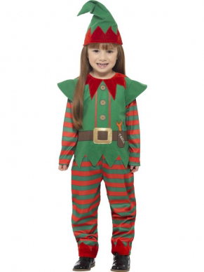 Elf Peuterkostuum voor de allerkleinste, bestaande uit de rood/groene jumpsuit met Elvenmuts. Bekijk hier onze gehele Kerst Collectie voor kinderen.