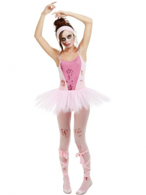 Zombie Ballerina Kostuum, bestaande uit het ballarina pakje met tutu, panty en lint. Leuk voor Halloween of een ander Horror feestje. Bekijk de bijpassende accessoires om de look compleet te maken.