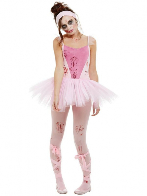 Zombie Ballerina Kostuum, bestaande uit het ballarina pakje met tutu, panty en lint. Leuk voor Halloween of een ander Horror feestje. Bekijk de bijpassende accessoires om de look compleet te maken.