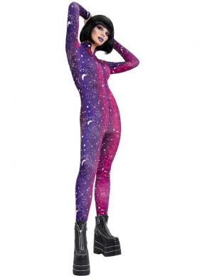 Galactic Bodysuit, Purple, met All Over Print, leuk voor Halloween maar ook voor Carnaval of een ander Themafeestje is dit kostuum geschikt. Leuk te combineren met één van onze bijpassende pruiken en onze Deluxe Reversible Galaxy Cape.