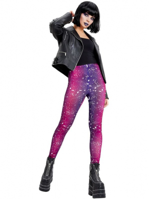 Galactic Print Leggings, Purple, te combineren met een zwart jasje maar ook leuk met onze Galactic Cape.