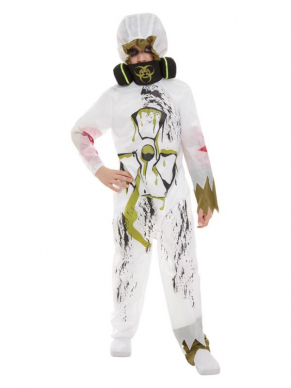 Biohazard Suit Kostuum, bestaande uit de witte jumpsuit met gasmasker. Maak de look compleet met bijpassende accessoires.