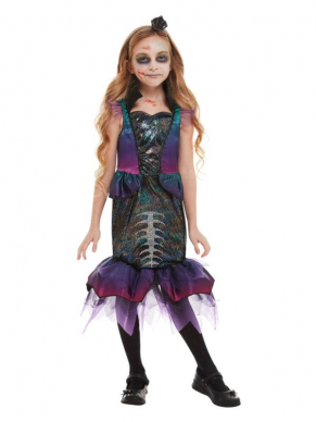 Dark Mermaid Kostuum, bestaande uit de multigekleurde jurk met haarband. Maak de look compleet met eenvoudige schmink.