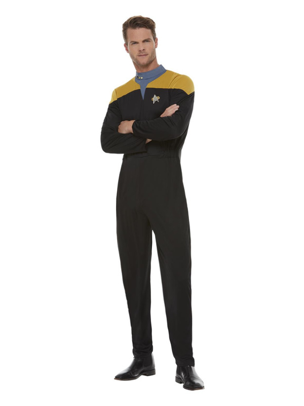 Bekend van de tv-film Star Trek deze geweldige zwart/gouden Star Trek, Voyager Operations Uniform, Jumpsuit, Delta Badge & Rank Insignias. Maak de look compleet met onze bijpassende pruik en oren. Bekijk onze gehele Star Trek Collectie hier.Dit kostuum is perefct voor Carnaval of een themafeestje.