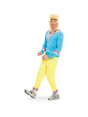Back to the Eighties met dit geweldige neon blauw/gele trainigspak, bestaande uit de broek, jasje en hoofdband met tijgerprint. Perfect voor Carnaval of een jaren 80 feestje. Wij verkopen ook het 80's dames trainigspak.