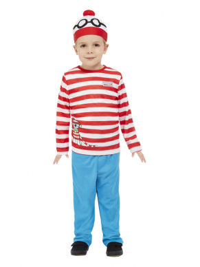 Where's Wally Kostuum voor de allerkleinste. Dit kostuum bestaat uit de rood/witte top, blauwe broek en muts. Je bent in één keer klaar voor jouw feestje.