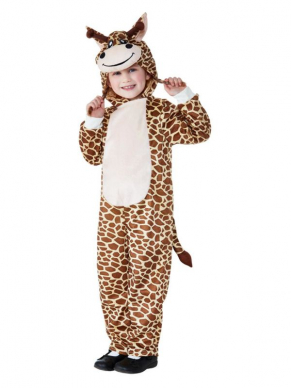 Giraffekostuum voor de allerkleinste, bestaande uit de jumpsuit met capuchon. Leuk voor Carnaval of voor thuis in de verkleedkist.