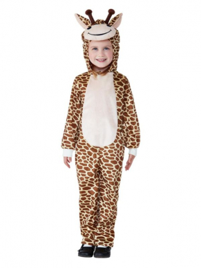 Giraffekostuum voor de allerkleinste, bestaande uit de jumpsuit met capuchon. Leuk voor Carnaval of voor thuis in de verkleedkist.