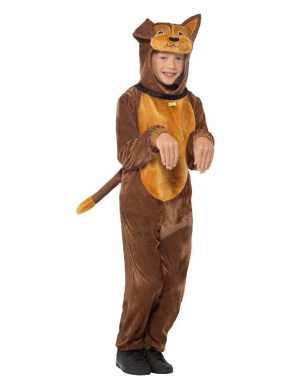  Dog kostuum voor kinderen, bestaande uit de bruine Hooded Jumpsuit met staart. Leuk voor Carnaval of voor thuis in de verkleedkist.