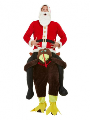 Achterop de rug van een kalkoen dansend de dansvloer, het kan met dit geweldige Piggyback Turkey Kostuum. Dit kostuum bestaat uit één geheel met los bungelende benen voor een leuk effect.