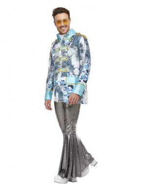 Te gekke Carnival Jacket, White & Blue, Floral Print Design & Gold Trim. Perfect voor Carnaval. Te combineren met een Flare Pants.