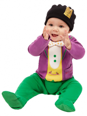 Voor de aller aller kleinste dit geweldige Roald Dahl Willy Wonka Baby Kostuum, bestaande uit de all in one jumsuit met mutsje.