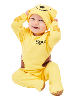 Voor de aller aller kleinste dit leuke gele Spot the Dog Baby Kostuum, bestaande uit de all in one jumpsuit met mutje.