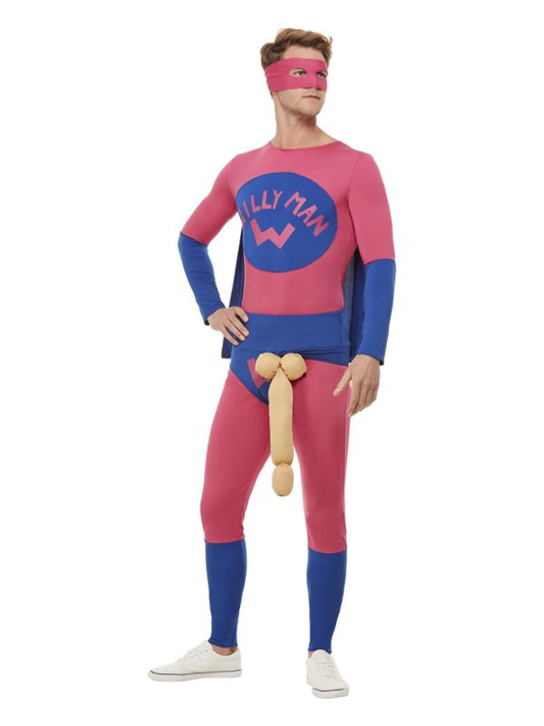  Willyman Superhero Kostuum, bestaande uit de roze/blauwe Bodysuit met oogmasker en overbroekje. Te gek voor Carnaval of vrijgezellenfeestje.