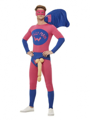 Willyman Superhero Kostuum, bestaande uit de roze/blauwe Bodysuit met oogmasker en overbroekje. Te gek voor Carnaval of vrijgezellenfeestje.