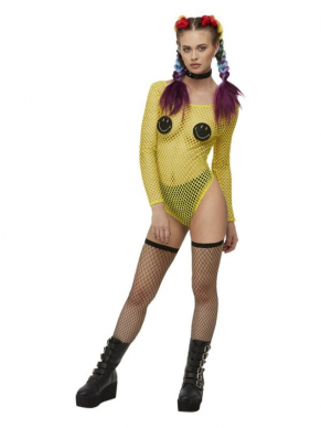 Smiley Fishnet Bodysuit, Yellow met Nipple Paisties. Perfect voor een Foute Party, Gay Pride of Festival.Bekijk hier onze gehele Smiley Collectie.