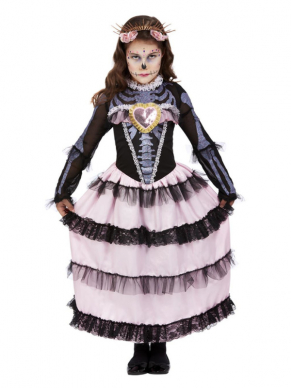 Deluxe DOTD Princess kinderkostuum. Dit kostuum bestaat uit de zwart met roze jurk en bijpassende haarband. Met dit kostuum ben je in 1 keer klaar voor jouw Halloweenparty. Leuk te combineren met onze Deluxe DOTB Senor kinderkostuum voor jongens.