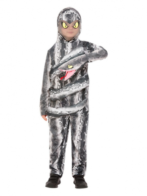 Serpent Kinderkostuum. Dit kostuum bestaat uit een all in one hooded kostuum waarbij het net lijkt alof je een slang om je lichaam draagd. Met dit kostuum ben je in 1 keer klaar voor jouw Halloweenparty.