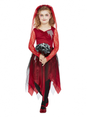 Graveyard Bride Kinderkostuum. Dit kostuum bestaat uit de rode jurk met bijpassende sluier. Met dit kostuum ben je zo goed als klaar voor jouw Halloween party. Check onze accessoires om de look compleet te maken.