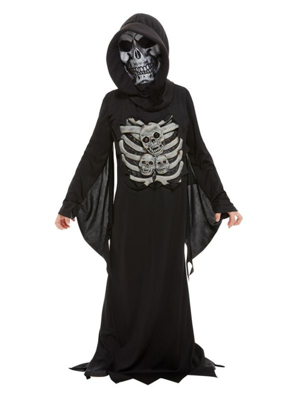 Skeleton Reaper Kinderkostuum. Dit kostuum bestaat uit het zwarte gewaad met touw, latex borstkas en masker. Met dit kostuum ben je in 1 keer klaar voor jouw Halloweenparty.