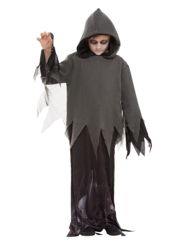 Ghost Ghoul Kinderkostuum. Dit kostuum bestaat uit het zwarte hooded gewaad met touw. Met dit kostuum ben je in 1 keer klaar voor jouw Halloweenparty.