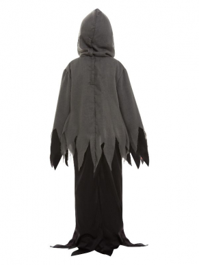 Ghost Ghoul Kinderkostuum. Dit kostuum bestaat uit het zwarte hooded gewaad met touw. Met dit kostuum ben je in 1 keer klaar voor jouw Halloweenparty.