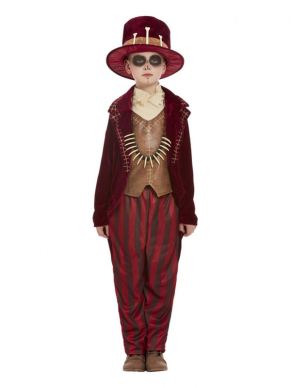 Voodoo Witch Doctor Kinderkostuum in de kleur Bordeaux. Dit kostuum bestaat uit het jasje, mock shirt, broek, hoed en ketting. Met dit kostuum ben je in 1 keer klaar voor jouw Halloweenfeest.
