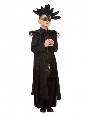 Deluxe Raven Prince Kinderkostuum. dit kostuum bestaat uit de broek met top en hoofdtooi. Mooi te combineren met het Deluxe Raven Princess. Met dit kostuum ben je zo goed als klaar voor jouw Halloweenparty.